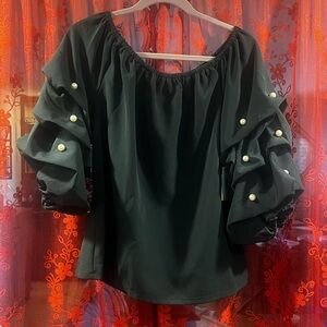 Green puff sleeve faux pearl embellished off the shoulder dressy blouse